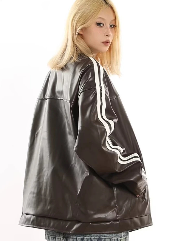 Womens Jacket Autumn American Retro Hip Hop Motorcycle Style Pu Leather Long Sleeve Contrastive Color Street Neutral 240827