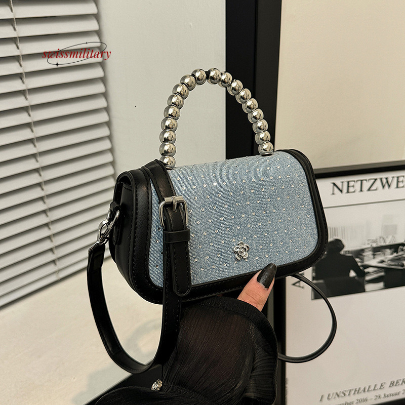 Swissmilitary High end denim rhinestone for women, 2024 summer new trendy single shoulder diagonal cross bag, bead hand-held small square bag