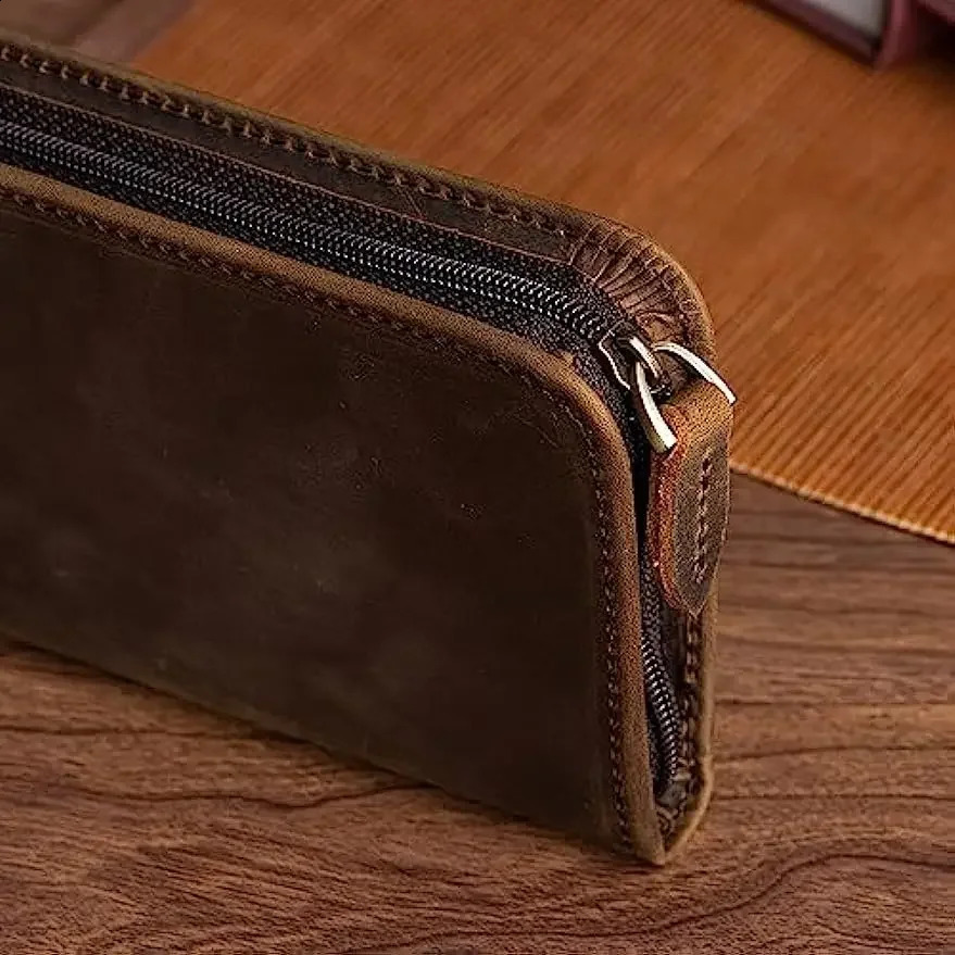Asvine Vintage Real Leather Fountain Pen Case 3 Divided Slot Zippered Pen Pouch Rollerball Pen Handmade Display Stand 240827 - view 5