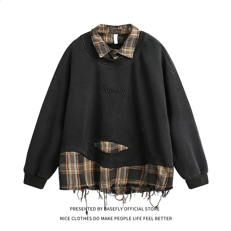 Sping Autumn Plaid Letter Embroidery Patchwork Oversize Men Sweatshirt Unisex Women High Street Shirt Pullover Hip Hop Casual 240827