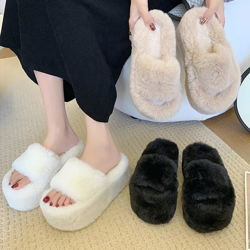 Womens high heels fur slider winter shoes 2024 plush warm flip platform mule cotton shoes pump womens boots 240827