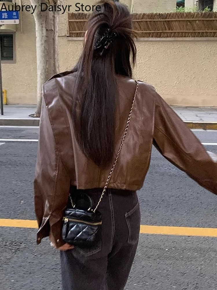 Brown pleated leather jacket womens streetwear motorcycle zipper leather jacket winter punk retro casual jacket 240827
