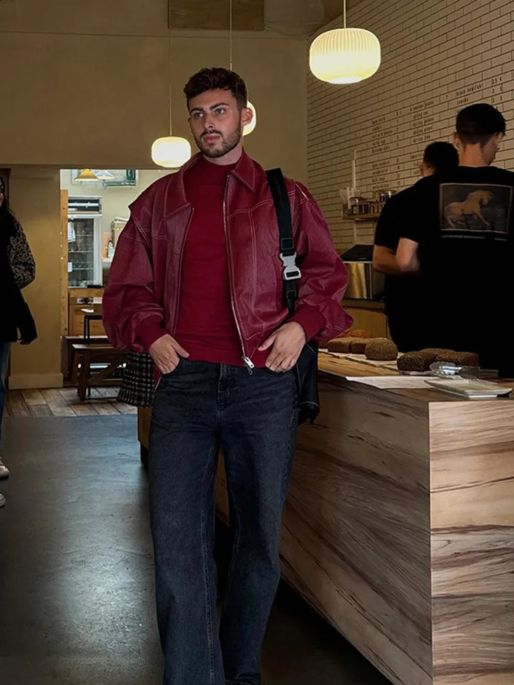 Mens retro patchwork lapel long sleeved jacket fashionable solid zipper oversized casual spring and autumn mens high street clothing 240827