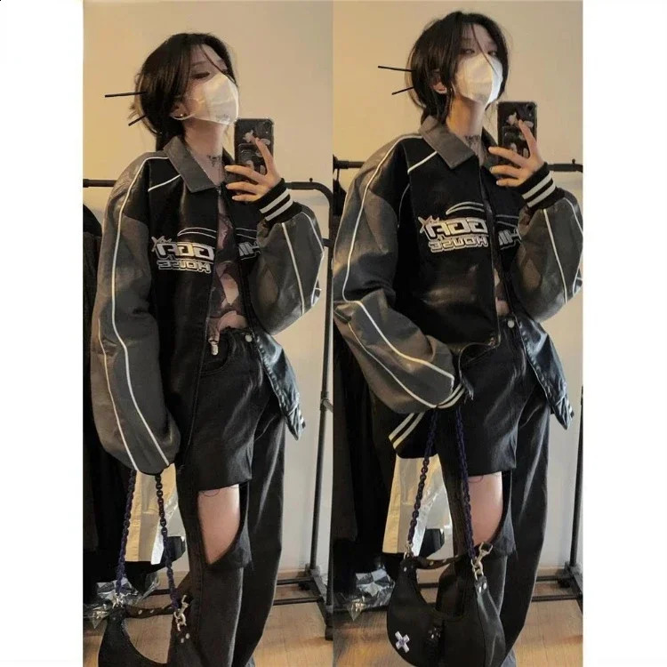 American retro college jacket womens streetwear Grunge zipper bomber Pu leather black couple embroidery jacket 240827
