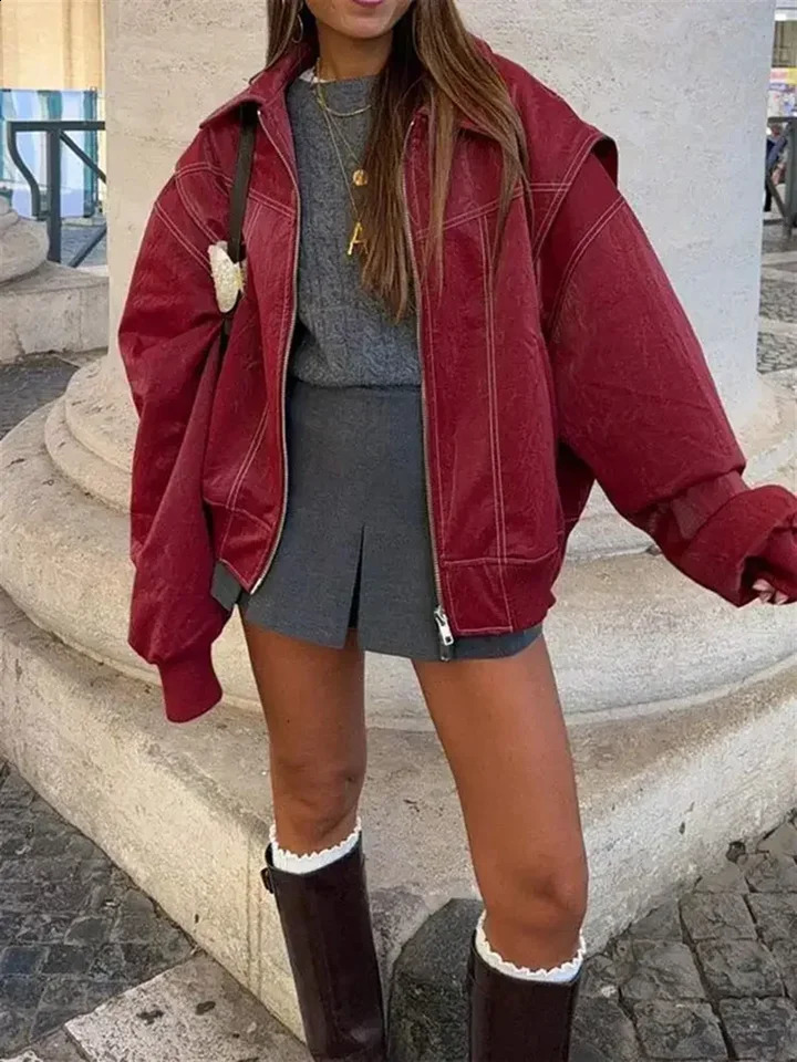 Womens collar red leather jacket loose solid jacket fashion comparison patchwork jacket long sleeved autumn/winter womens clothing 240827
