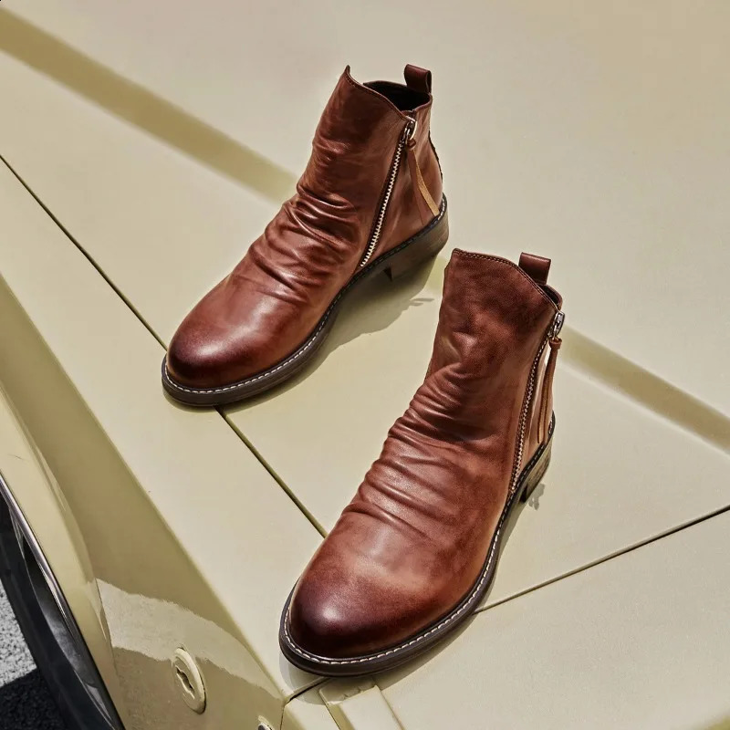 Pu Fashion Comfortable High Top Zipper Non-slip Flat Mens Cowboy Boots 240828