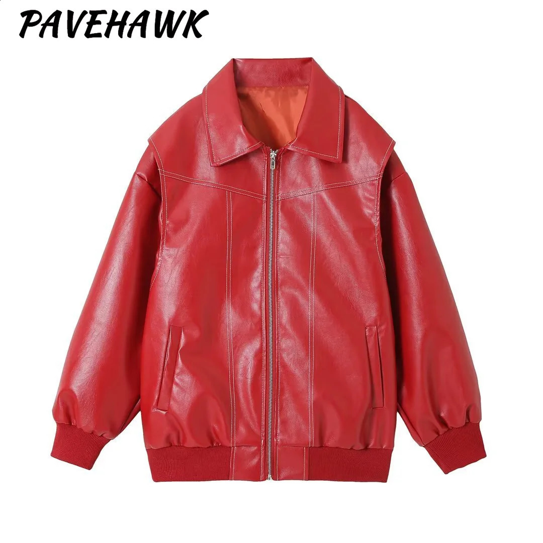 Womens contrasting patchwork jacket retro fashion solid long sleeved autumn lapel zipper Pu leather jacket motorcycle jacket 240827