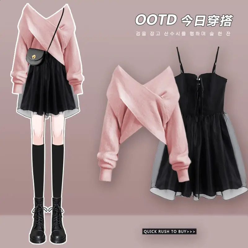 springsummer loose knit shawl sweater mini pleated short skirt twopiece set elegant womens skiing suit sexy dress 240827