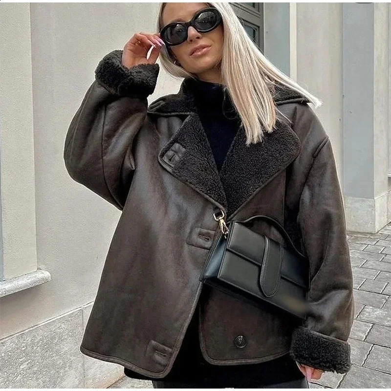 Suninhart Womens Fashion Thick Jacket Flip Collar Single breasted Warm Jacket Casual Double sided Suede Coat Womens Clothing 240827