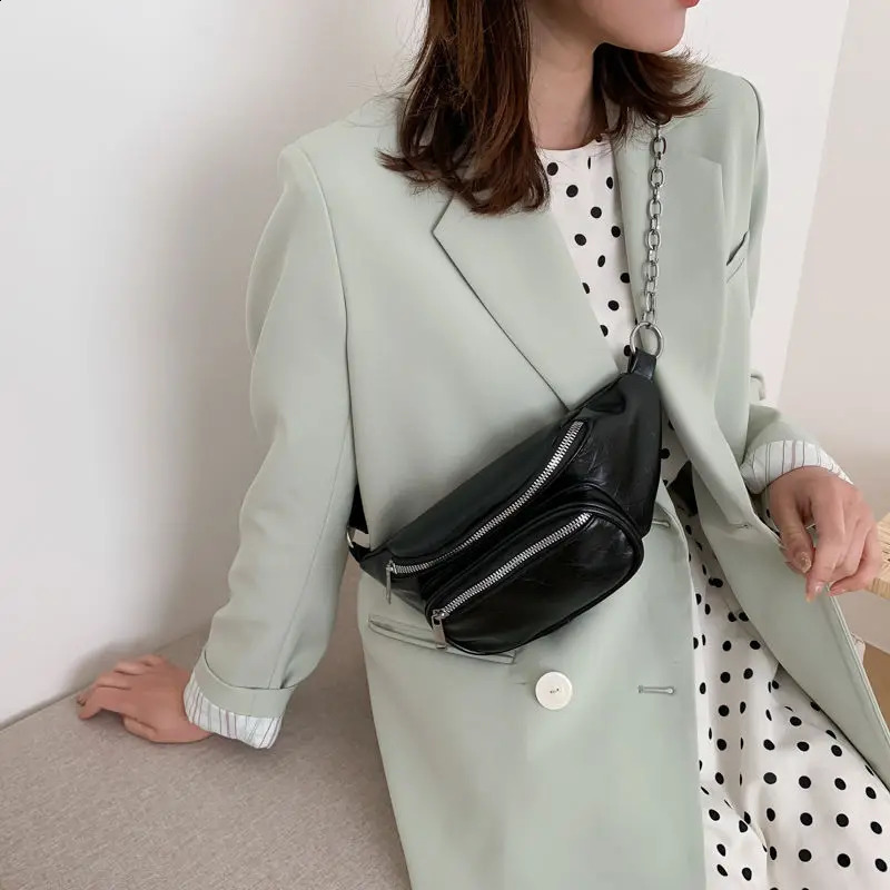 Crossten Waist Bag Fashion Leather Belt Chest Bag Chain Fanny Packs Women Black Solid Double Zipper Banana BumBag Phone Pouch 240828