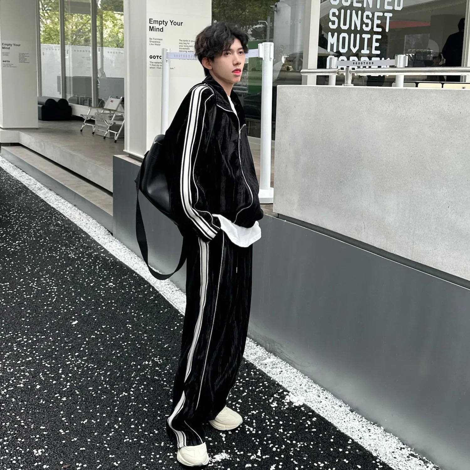 Autumn Fashion High end Feel cardigan sweater jacket color block striped sportswear 2-piece set for couples casual sportswear 240827