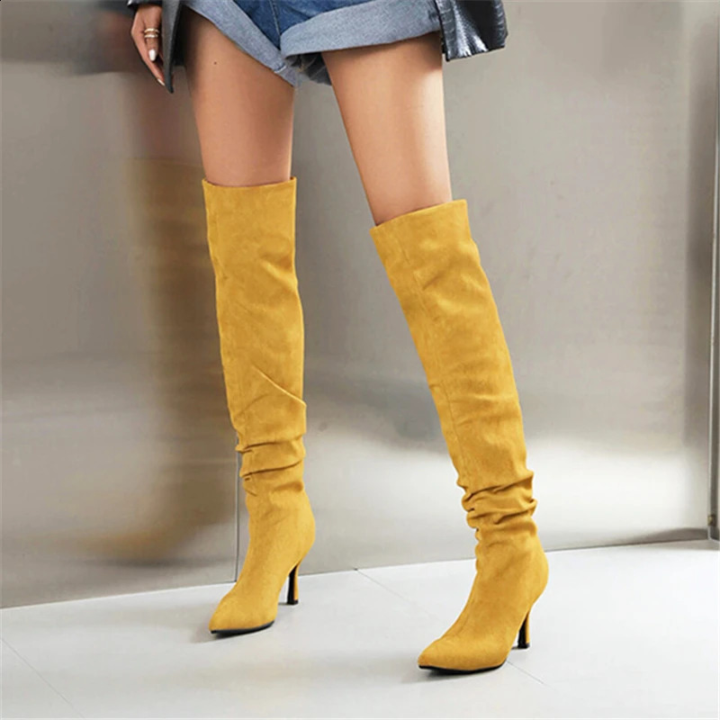 Super High Thin Heels Suede Upper Women Casual Soft Sole Thigh Boot Retro Style Solid Color Pointed Toe Slip On Slow Boot 240827