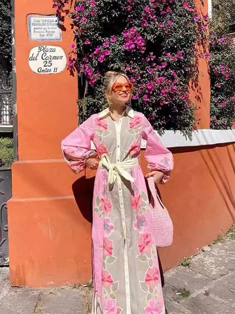 Fashionable floral symmetrical printed long skirt for women fashionable lapel puff single breasted dress womens split sleeved shirt robe 240828