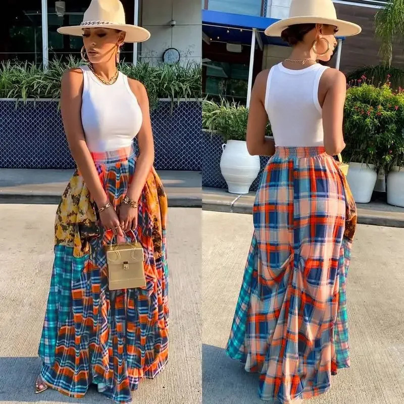 Flat stitch loose womens Maxi Skirt 2024 summer fashion multi-color elastic waist Skirts street clothing holiday Christmas 240828