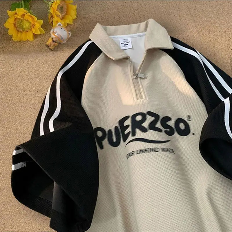 Japanese waffle biscuit half zip lapel short sleeved Tshirt suitable for men and women Versatile polo shirt summer student round neck y2k ins 240828