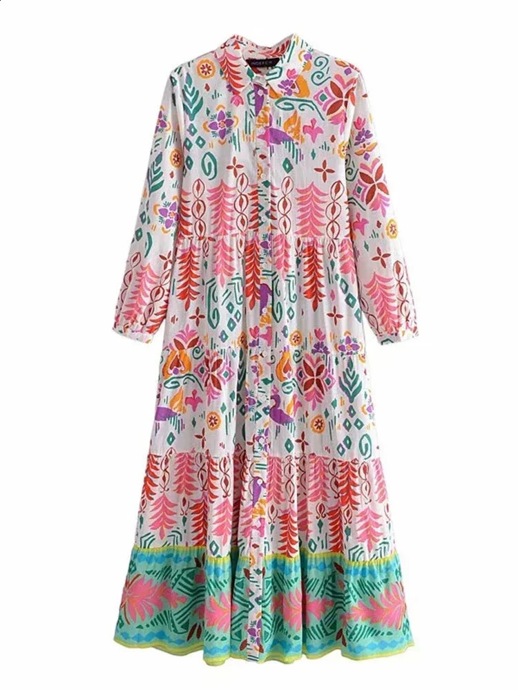 Foridol Paisley printed shirt dress elegant autumn spring green floral print bohemian womens long skirt sleeved Vestido 240828