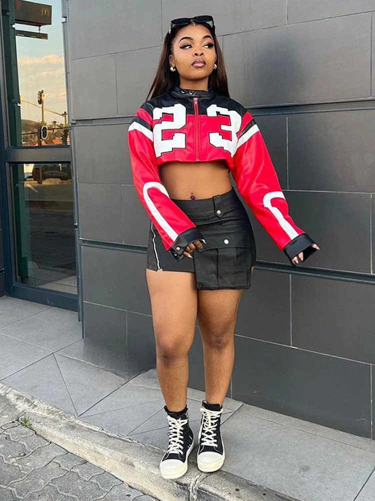 Fashion letter zipper Pu leather bomber jacket womens casual long sleeved cut jacket autumn womens motorcycle Y2k jacket 240827