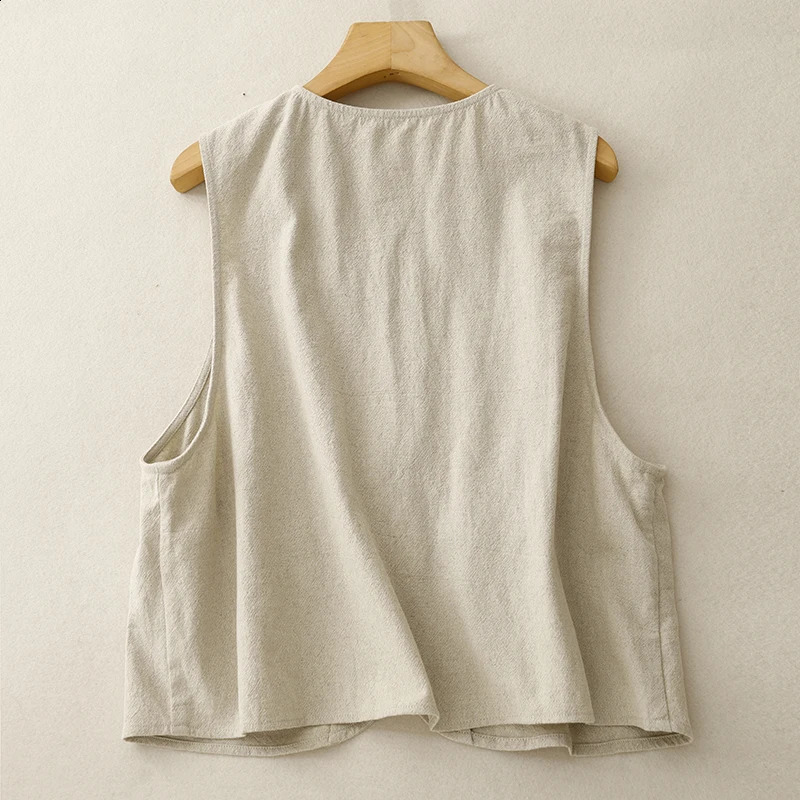Cotton linen sleeveless solid color shirt jacket for womens spring and autumn literature loose plus size temperature circle 240828