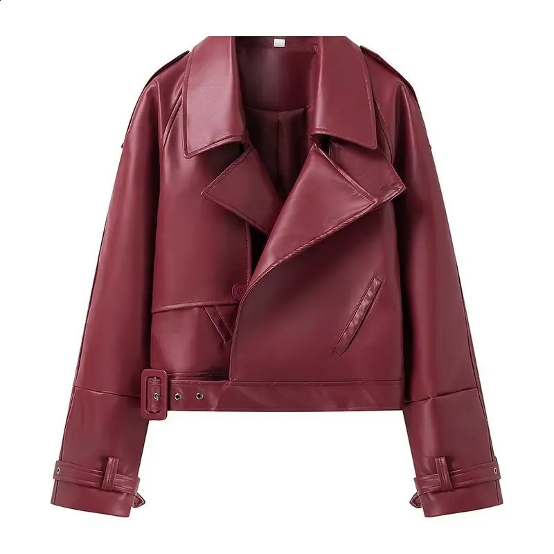 Suninhaart Winter Autumn Retro Artificial Leather Jacket Fashion Short Belt Bomber Jacket Womens Wine Street Jacket 240827