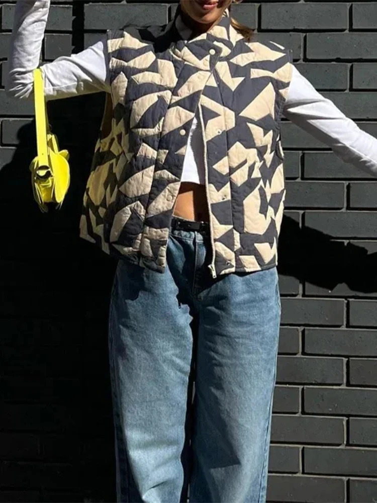 Korean casual single chest sleeveless street vest womens fashionable printed vertical collar vest autumn/winter jacket 240828