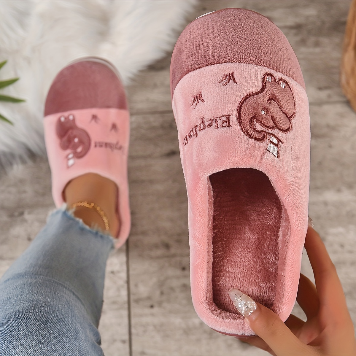 Kawaii Cartoon Elephant Slippers - Soft Fabric Lined, Plush Comfortable Indoor Shoes with Rubber Soles, All-Season Wear, Cartoon Pattern Design, Cozy 