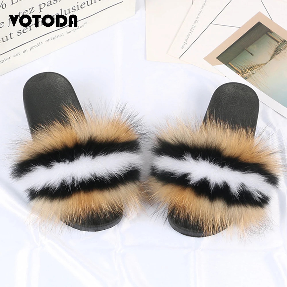 Fur slider womens real fox fur slider indoor flat flip casual Raccon fur sandals plush shoes cute fluffy shoes 240827