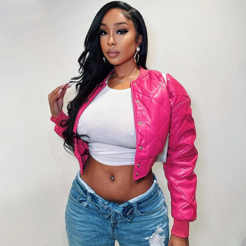 Sweet Women Shiny Pink PU Leather Jacket Coats Windproof Jacket Bright Artificial Leather Short Sleeve Jacket Motorcycle Y2K 90s Street 240827