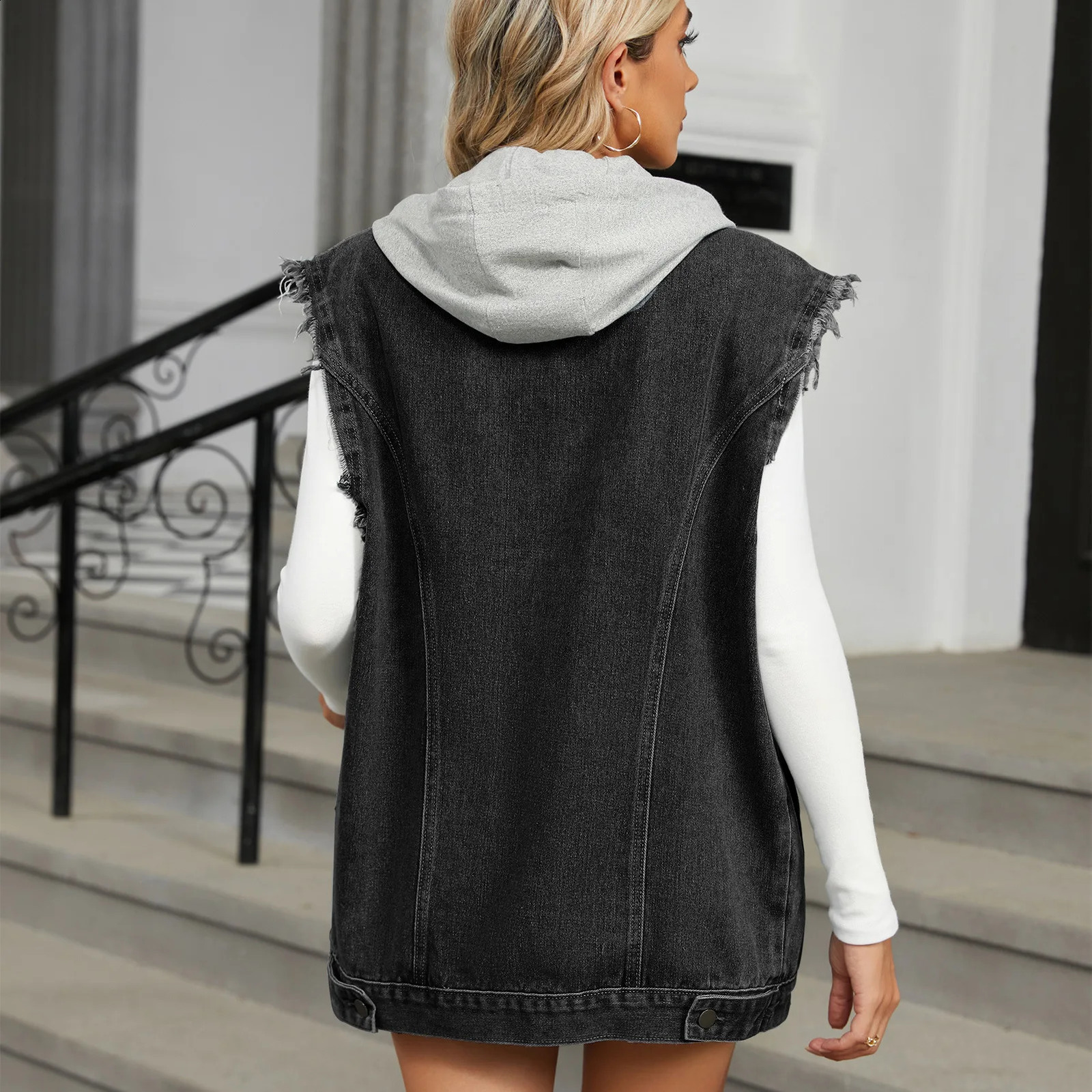 Fashionable detachable hooded denim womens sleeveless long sleeved jeans jacket casual womens clothing item 240828