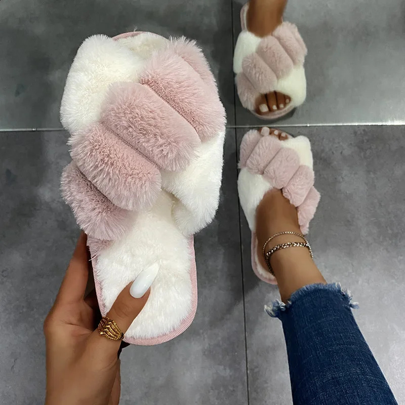 Womens Slippers Winter Home Fur Slippers Fluffy Artificial Fur Indoor Cotton Slippers Floor Womens Slippers 240827