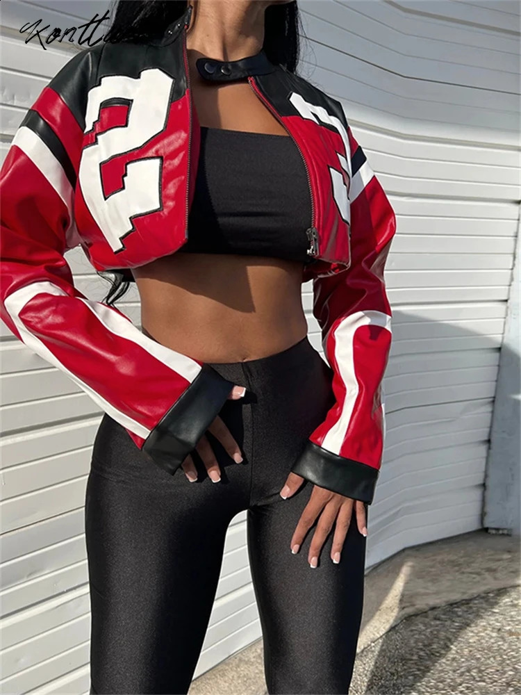 Kontturi Autumn Retro Racing Pu Womens Leather Jacket O-neck Long sleeved Crop Top Street Letter Printing Red Zipper Jacket 240827