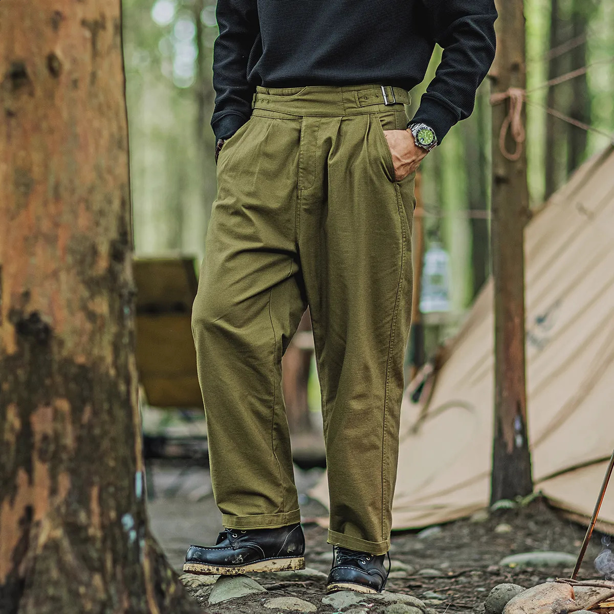 Mens World War II Gurkha pants loose straight high waisted military casual cargo pants Naples Spring and Autumn retro clothing 240828