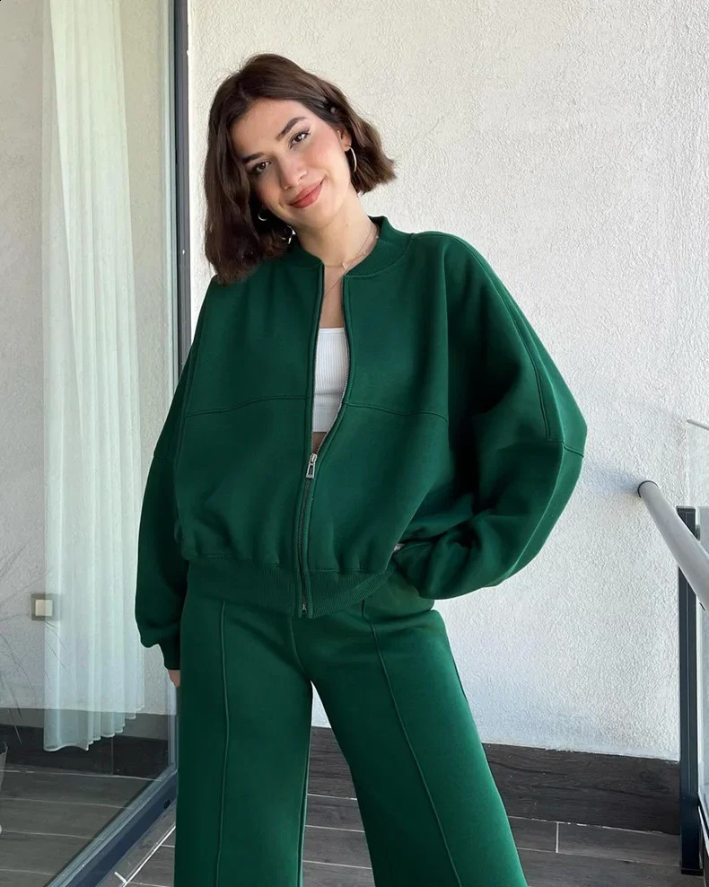 Autumn Hoodie Pants Two Piece Set Womens Fashion Zipper Pocket Casual Jacket Coat Winter Loose Elastic Trouser 240827