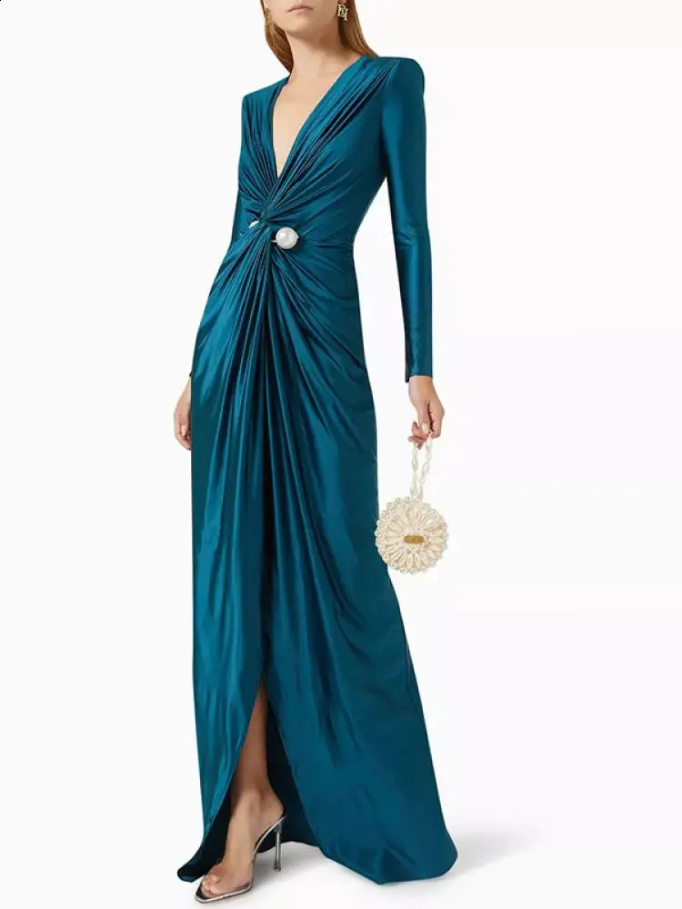 Bohohipei Womens Fashion Waist Deep V-neck Folded Ball Long Sleeve Dress Spring/Summer Elegant Wedding Long Dress 240828