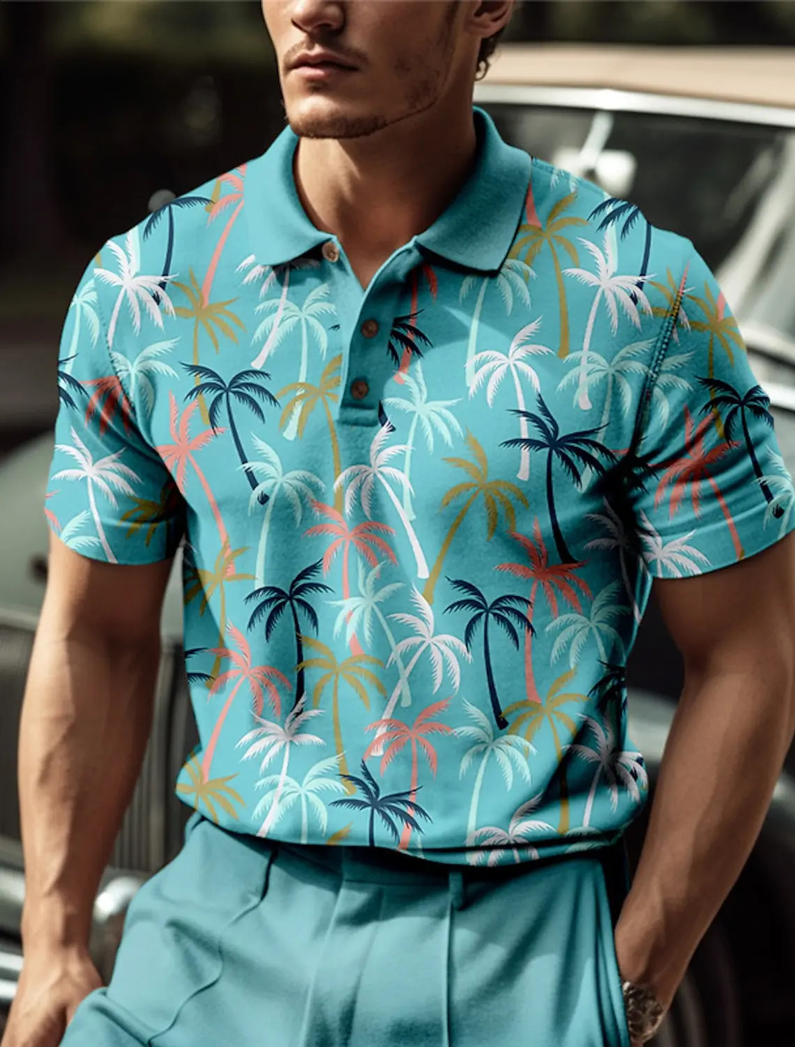 Mens polo shirt summer casual coconut tree pattern button breathable quick drying moisturizing short sleeved mens top 240828