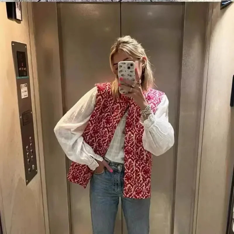 Womens sleeveless double-sided vest fashionable and casual pure cotton print autumn/winter 240828