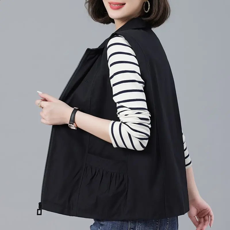 Street casual loose pocket patchwork work vest Spring and Autumn polo neck solid zipper retro top fashionable office womens clothing 240828