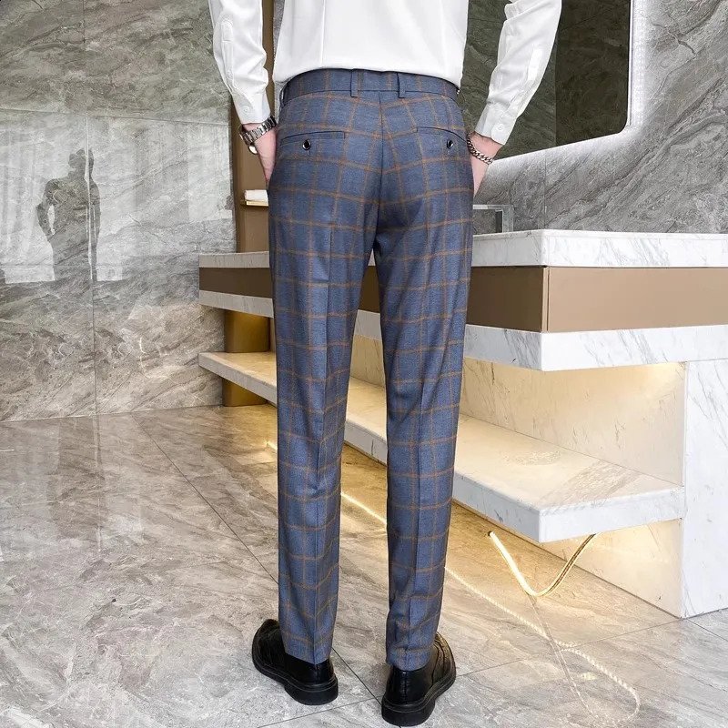 Brand Mens Striped Flat Pants Four Seasons High Quality Business Close Up Light Grey Straight 240827
