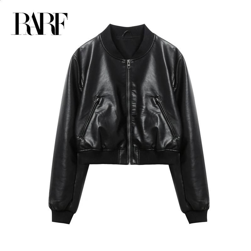 RARF Womens Pure Black Retro Leather Bomber Jacket Womens Top 240827
