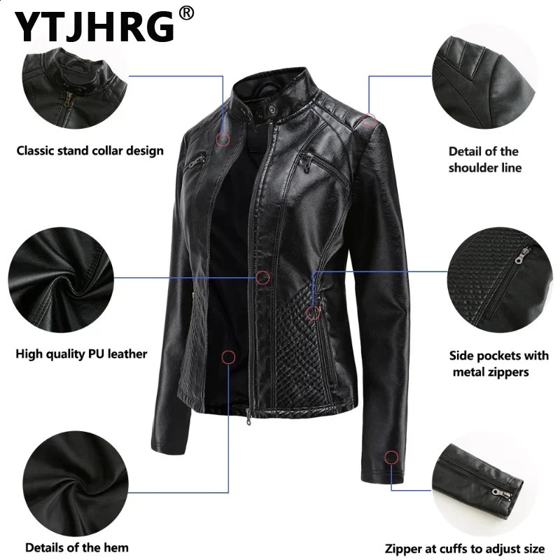 YTJHRG Womens Leather Jacket and Womens Clothing Coat Autumn/Winter Womens Long Sleeve Motorcycle Top Zipper 240827