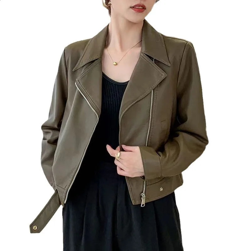 stand up collar zipper leather jacket motorcycle PU jacket womens autumn street long sleeved cut jacket jacket 240827
