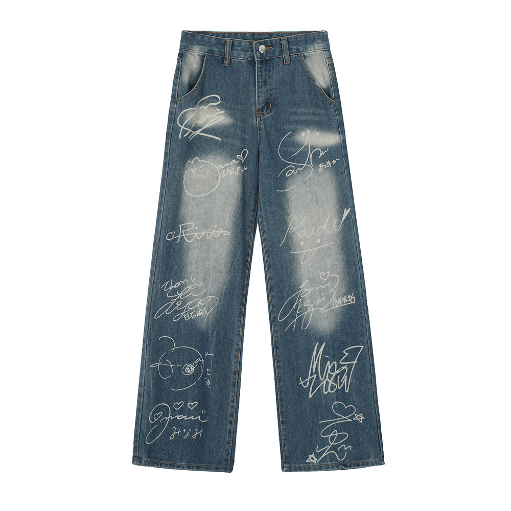Hip-Hop Graffiti Print Straight Leg Denim Pants Punk Streetwear Men's Exclusive Spray Painted Vintage Design Wide Leg Trousers
