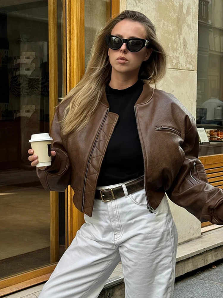 Short leather womens jacket retro O-neck loose long sleeved fashion autumn 240827