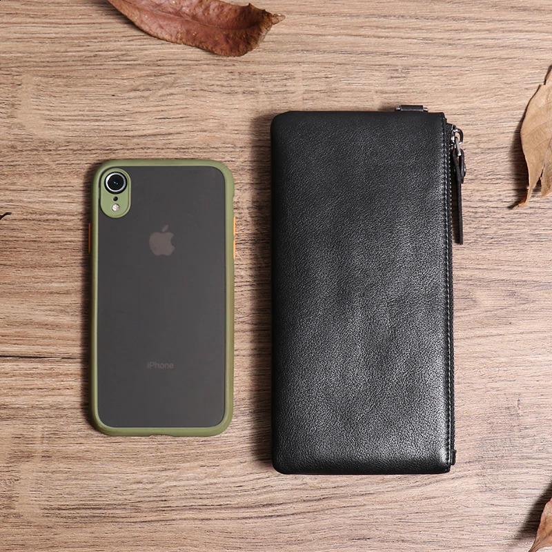 GURO Mens Genuine Leather Long Wallet Natural Cowhide Clutch Bag Simplicity Slim Zipper Card Clip Coin Purse Mobile Phone Bags 240828