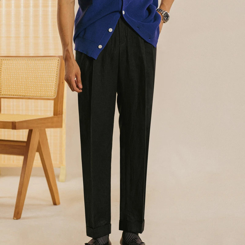 British high waisted linen straight leg pants Naples high waisted suit retro casual pants office pants mens pants 240828