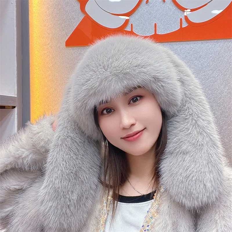 Autumn and Winter Women Stay Warm Artificial Fox Fur Long Eared Potted Hat Womens Fashion Leisure Party Music Festival Thick Fighting Hat W240827
