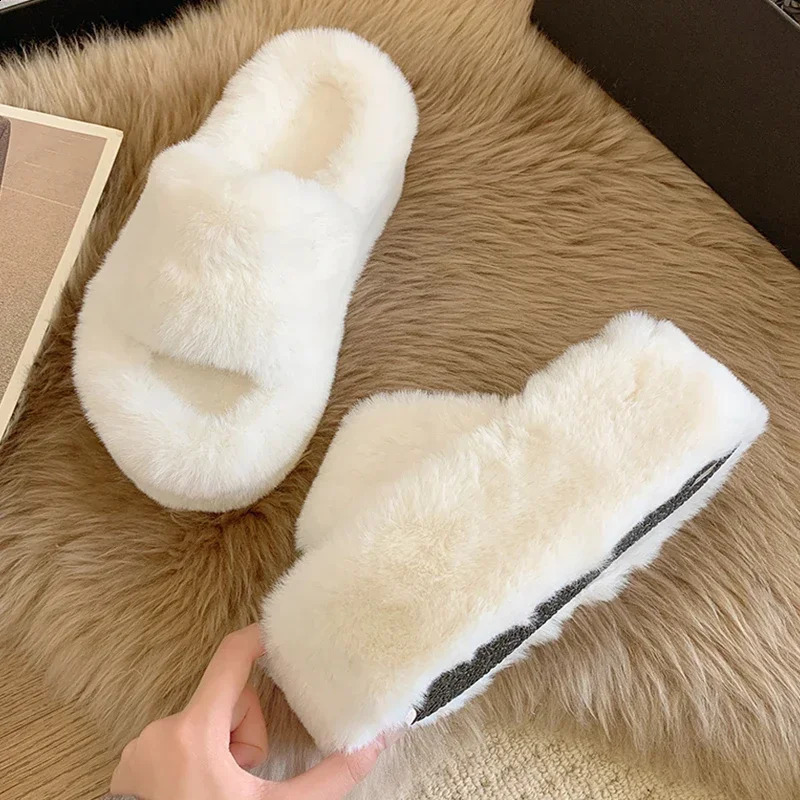 Womens high heels fur slider winter shoes 2024 plush warm flip platform mule cotton shoes pump womens boots 240827