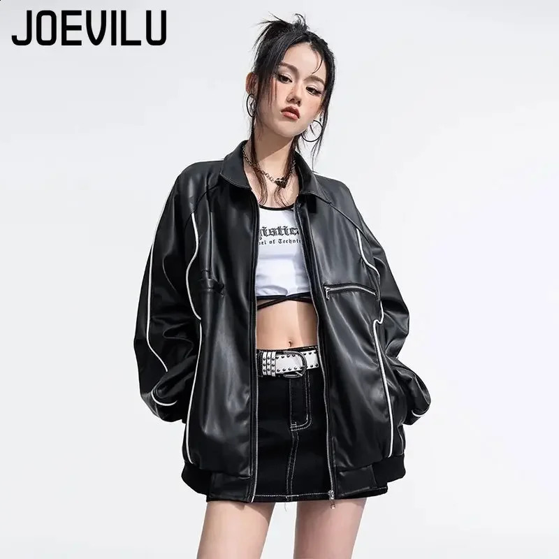 Black leather bomber jacket streetwear motorcycle Pu baseball jacket loose casual zipper cardigan top unisex hip-hop jacket 240827
