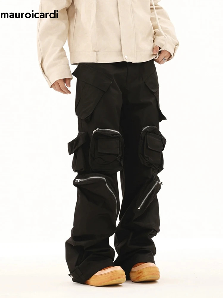 Mauroicardi Springautumn Black Mens Pants With Multiple Pockets Designer American Retro Street Clothing Runway Fashion