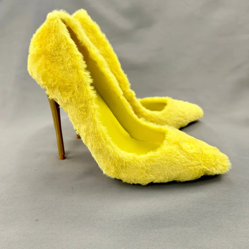 Yellow faux fur wedding shoes high heels pump womens pointed toes shallow party dress slim high heels plush high heels 12cm 240827
