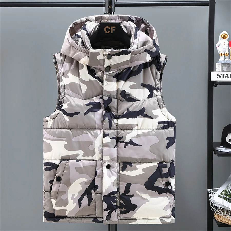 Mens Winter Tank Top Warm Thick Sleeveless Jacket with Camouflage Hooded Belt Work Clothes 240827